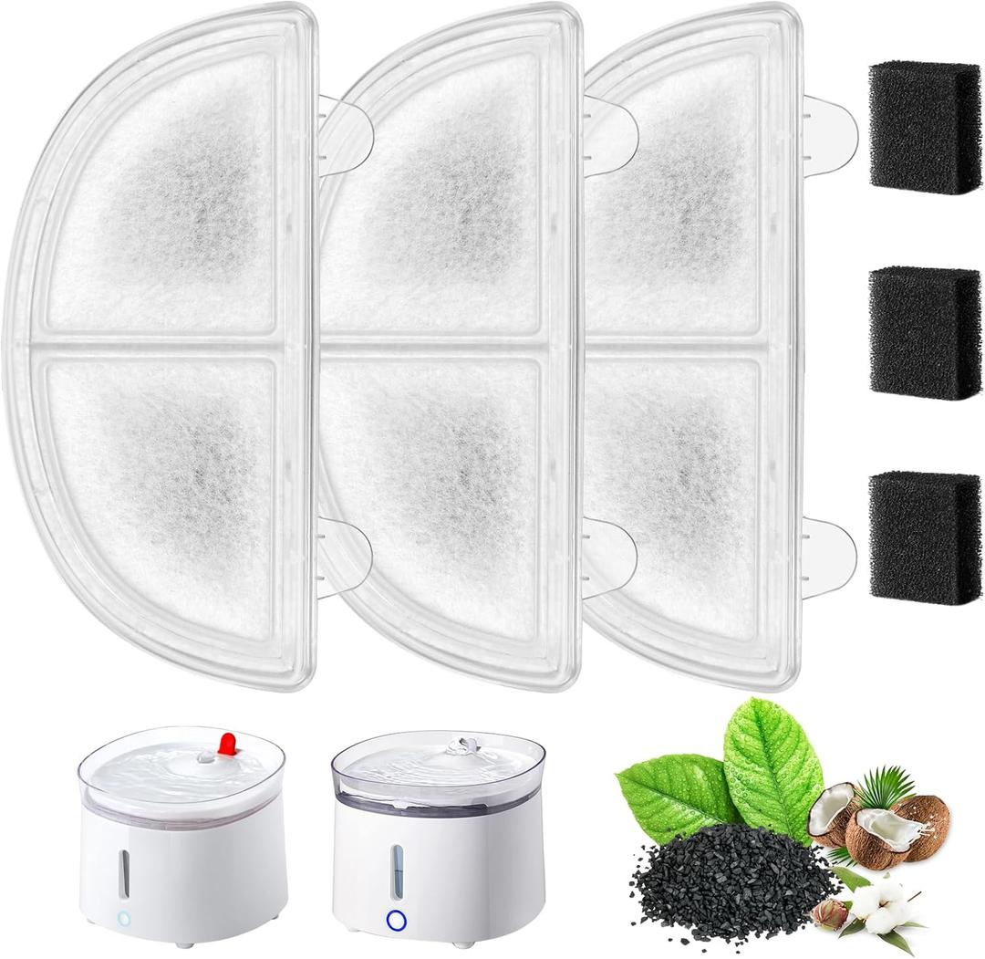 Cat Water Fountain Filter Replacement, Parner Triple Filtration System Pet Water Fountain Filter for WF20/CF20 Wireless Pumps Cat Water Fountain, 3 Pack & 3 Sponges
