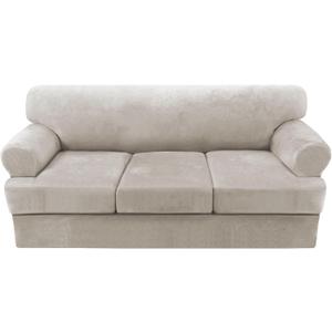 H.VERSAILTEX Sofa Cover 4 Piece T Cushion Sofa Slipcovers Thick Velvet Couch Cover Stretch T Cushion Sofa Covers for 3 Cushion Couch with 3 Individual T Cushion Covers Washable, Oatmeal