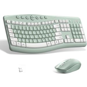 Wireless Keyboard and Mouse Combo,2.4G Full Size Ergonomic Curved Silent Keyboard with Fn Multimedia Keys for Office and Home, 3-DPI Quiet Mouse for Windows,Mac OS Desktop/Laptop/PC(Avocado Green-A)