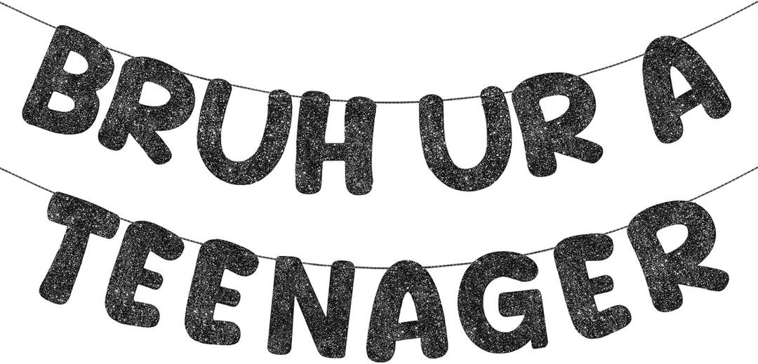 Fulmoon Pre Strung Bruh Ur a Teenager Glitter Banner 13th Birthday Banner Decorations for 13 Year Old Teen Birthday Party Favors Supplies for Boy Girl (Black)
