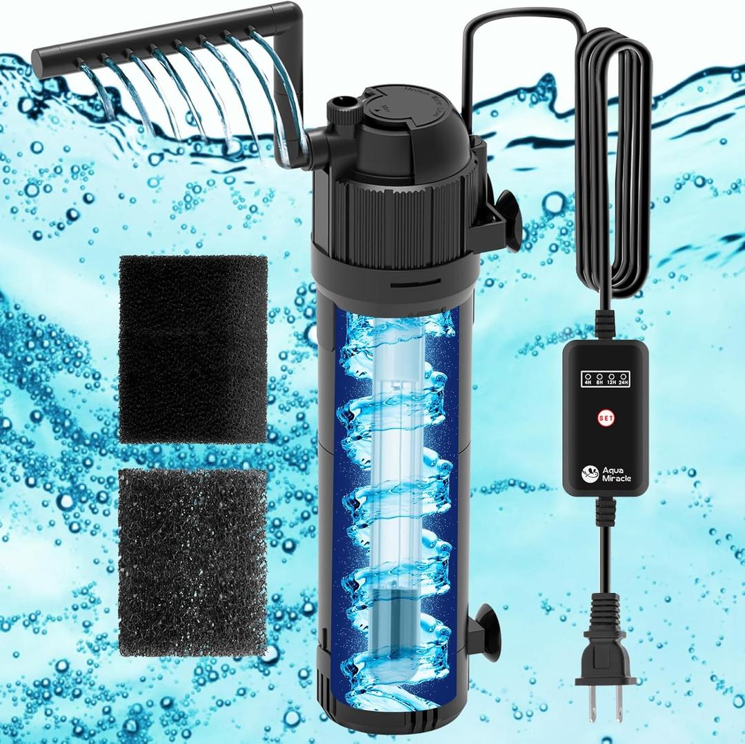 AquaMiracle Aquarium Filter for Green Water, U - V Fish Tank Filter with Timer (4/8/12/24 Hrs), Dual Mode (Aeration/Rainfall) Fish Filter for 40-120 Gallon Tanks, Flow Rate and Direction Adjustable