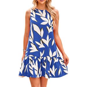 PRETTYGARDEN Women's 2025 Summer Boho Floral Mini Dress Sleeveless Backless Short Wedding Guest Beach Vacation Sundresses (XX-Large, Floral Blue Beige)