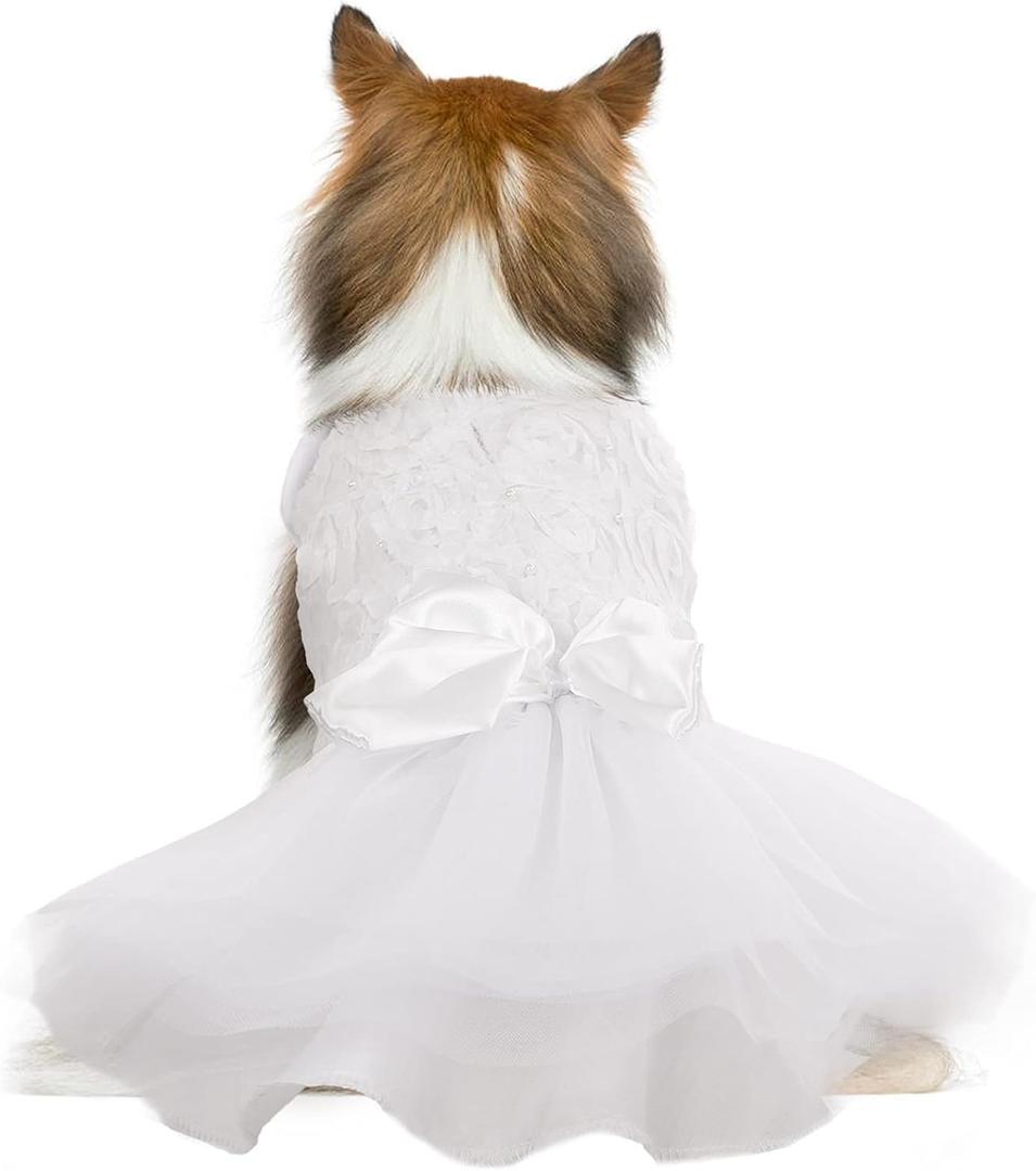 QBLEEV Dog Dress Tutu Skirt for Medium Girl Dogs Puppy，Sweet Dog White Princess Dresses with Bowknot and Rose Decor,Pet Lace Costume Summer Apparel Formal Clothes for Wedding Party Holiday, M