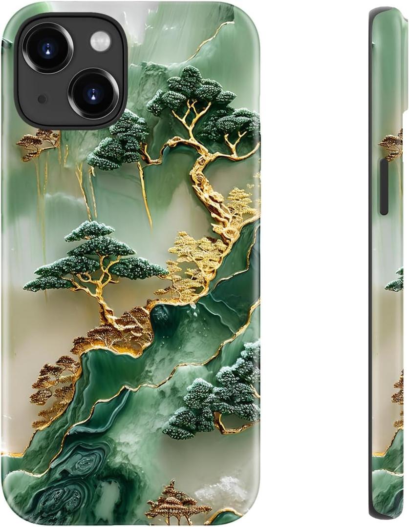 LUHOURI for iPhone 14 Plus Case,Wireless Charging Compatible,Dual-Layer - Soft Silicone Inner + Hard Outer Shell,Cute Wildflower Design,Protective Phone Cover for Women - Gold Inlaid Jade Carving