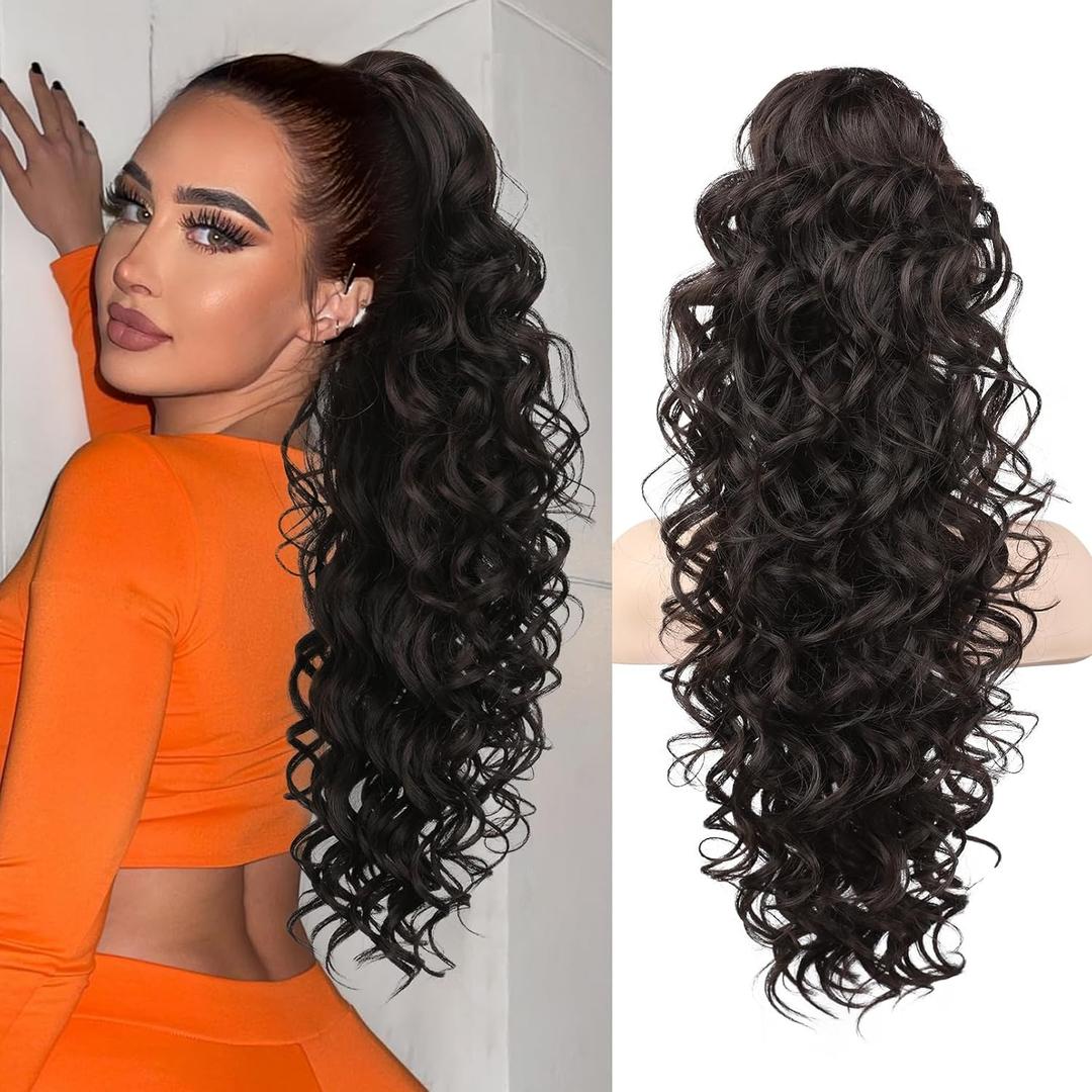 SEIKEA Ponytail Extension, 24" Fluffy Long Wavy Curly Claw Clip Hair Extensions Ponytail Multi-layered Clip in Fake Pony Tails Natural Soft Synthetic Hairpiece Black Brown