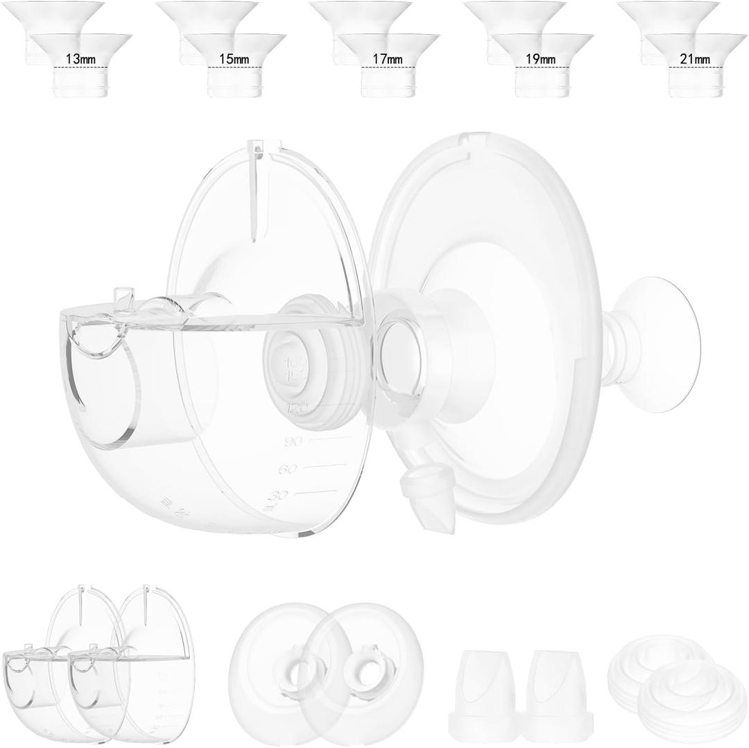 Two M5 24mm Full Set Collector Cup Only Compatible with Momcozy M5 and 10pcs 13/15/17/19/21mm Flange Inserts, Including Inserts*10, 24mm Flange*2, Collector*2, Duckbill Valve*2, Diaphragm*2