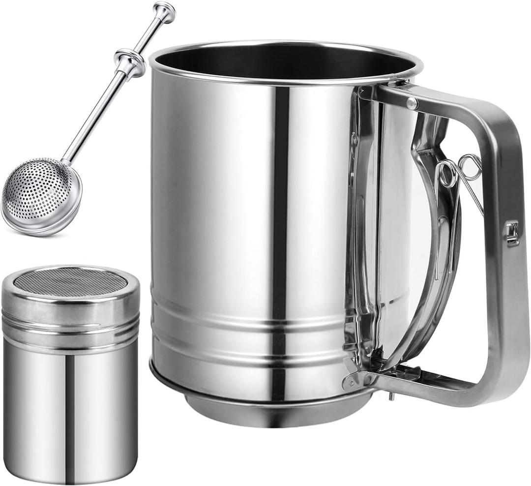 Flour Sifter Stainless Steel,3 Cup Flour Sifters for Baking,3 in1 Sifter for Baking with Powdered Sugar Shaker Duster, Flour Shaker Duster for Baking Cakes, Pastries, Pies, Cupcakes and Desserts