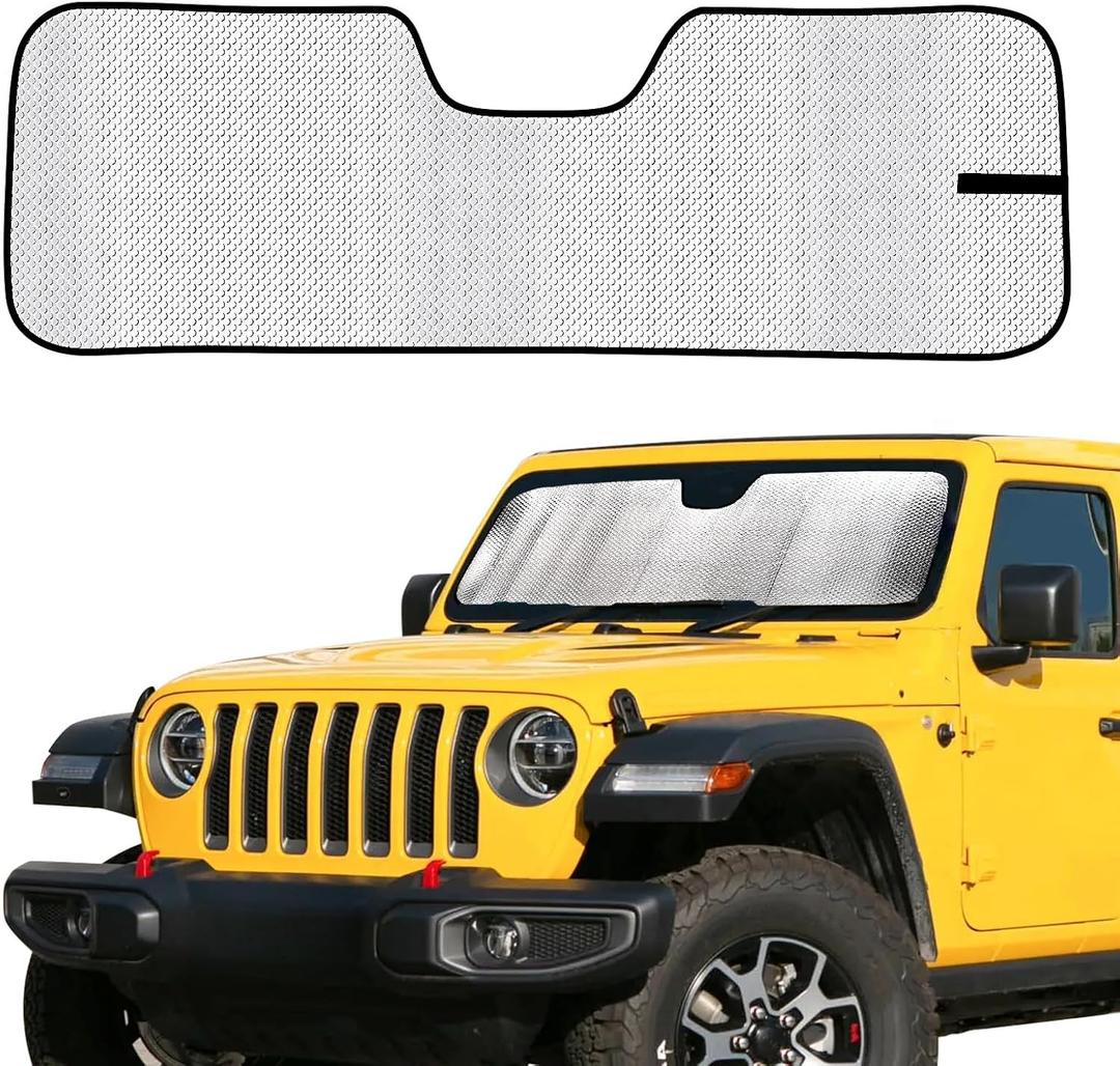 3 x Front Windshield Sun Shade for Jeep Wrangler JL 2018-2025 & Gladiator 2020-2025 - UV Blocking, Heat Reduction, Self-Rolling Storage