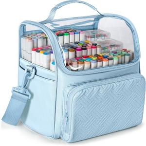 Rexmica Large Marker Organizer Case for 180 Markers, Marker Storage Bag for Markers, Paint Brushes, Colored Pencils or Other Art Supplies with Dividers and Shoulder Strap (Blue)