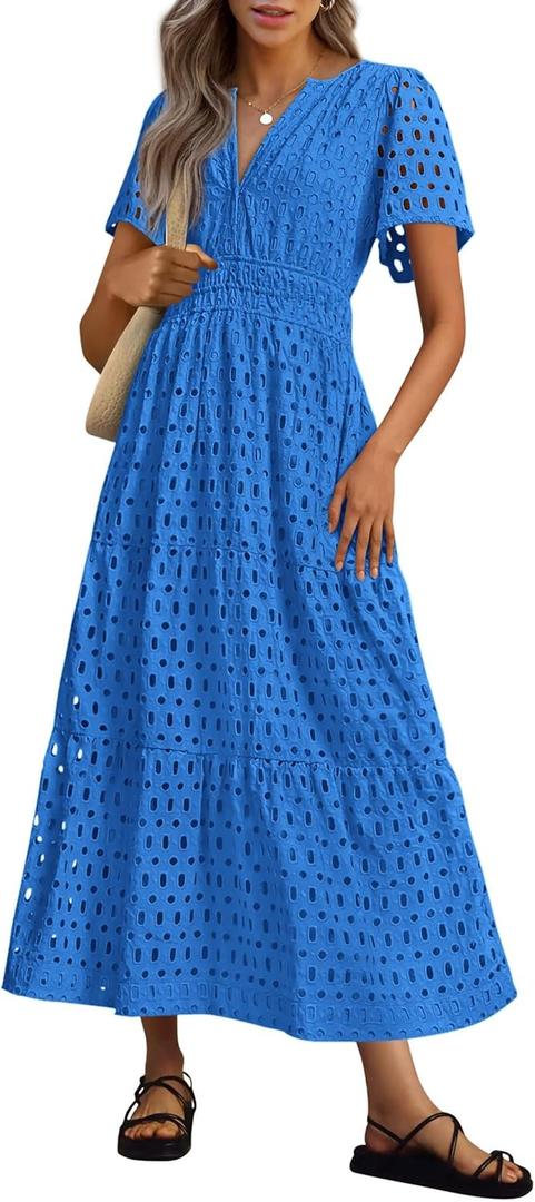 PRETTYGARDEN Womens 2025 Summer Maxi Dress Short Sleeve V Neck Hollow Out Eyelet A Line Long Flowy Beach Vacation Dresses (Blue, Size S)