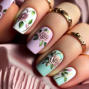 Square Press on Nails Medium Fake Nails Blue False Nails with Gold Flower Pattern Designs Spring Acrylic Glue on Nails Natural Floral Stick on Nails Reusable Kit for Women Girls, 24 Pcs
