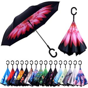 Inverted Reverse Umbrella with C-shaped Handle Windproof Upside Down Umbrellas for Rain Double Layer Hands Free Umbrella for Women and Men (Pink Daisy)
