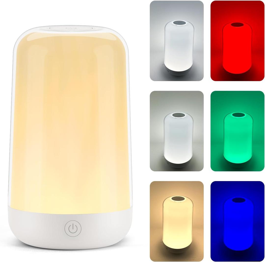 Frideko RGB Touch Bedside Lamp for Nightstand, 3 Color Temperatures Portable Rechargeable Cordless Night Light, Dimmable Mood Lighting for Bedroom, Living Room, Nursery, Breastfeeding, Kids, Adult (White)