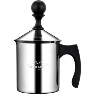 MERMOO YILAN Manual Milk Frother 14oz Stovetop Milk Foamer Non-electric Handheld Frother for Latte Art and Cappuccinos Perfect for Camping, Travel, Home (Silver)