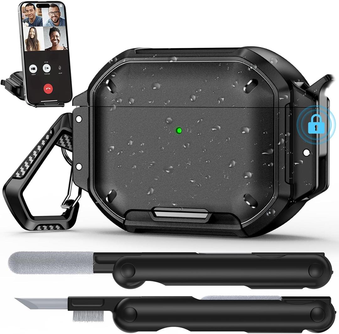 for AirPods Pro 3 Case IP68 Waterproof with Safety Lock & Phone Stand, Rugged Tough Hard Shell Case for AirPods Pro 3rd Gen 2025 Cover with Cleaner & Keychain for Men Women, Powerful Drop Protection (Black)