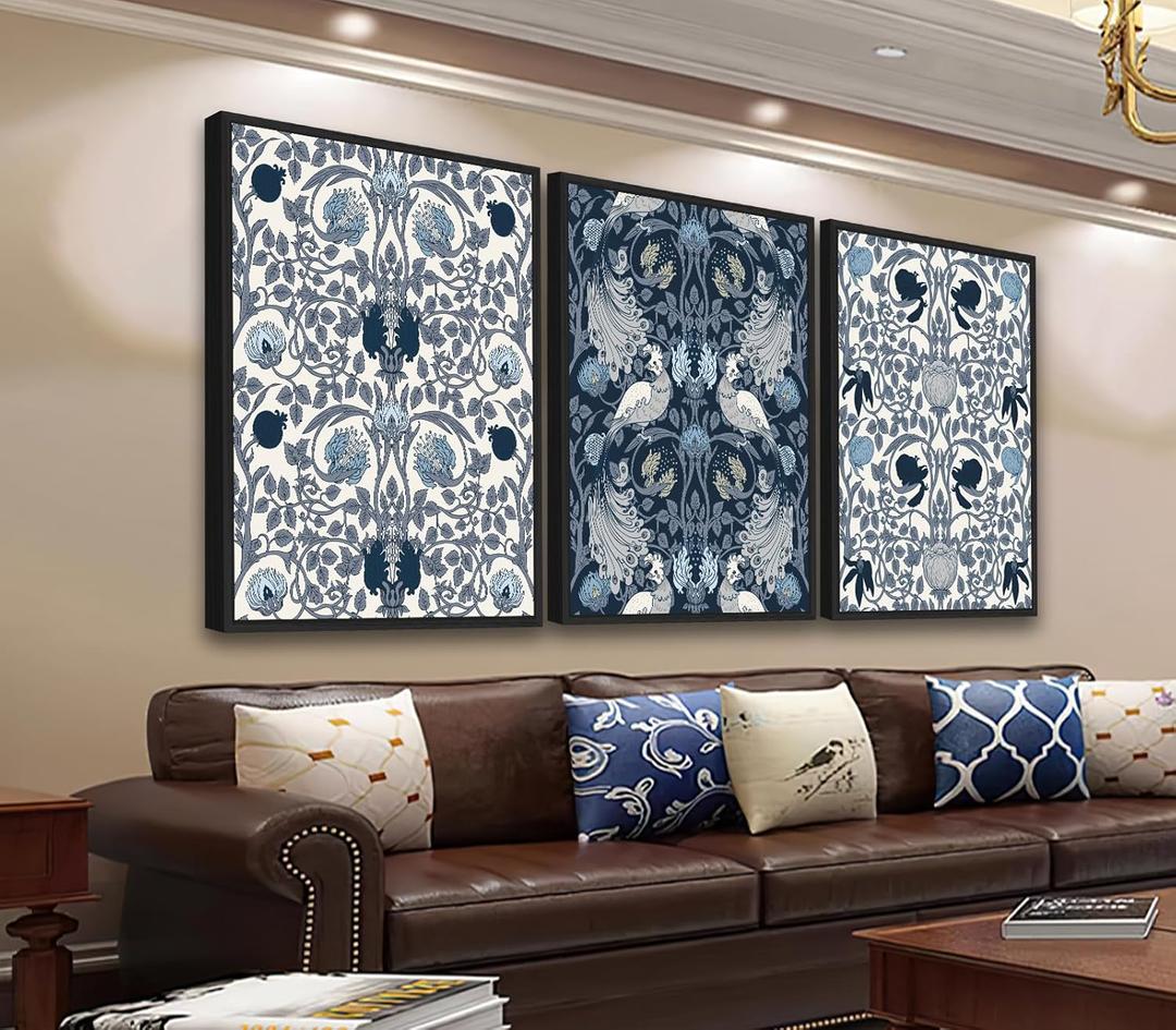 Large Framed Canvas Wall Art - Navy Blue Pictures William Morris Style for Living Room Bird Flower Prints Boho Wall Decor for Bedroom Dining Room Black Float Frame 16" X 24" X 3 Pieces