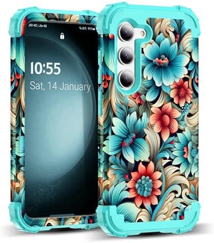 SleekCover for Galaxy S25 Plus 5G Case,3 in 1 Oil Painting Flower Pattern Heavy Duty Protection Silicone Rubber Bumper+Hard Plastic Protective Cover for Samsung Galaxy S25 Plus,Blue Flower