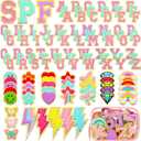 Yilloog 120 Pcs Chenille Letter Patches Iron on Patches Embroidered Hat Patches Include 78 Letter Patches 42 Star Heart Flower for Jacket Clothing Jeans Christmas DIY(Pink, Purple, Blue)