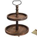 Farmhouse Wooden Decorative Two Tiered Trays+ Pu Leather Tray,Wood 2 Tier Serving Tray Stand for Rustic Table Centerpiece,Kitchen Decor,Coffee Bar, or Cupcake Stand (Brown)