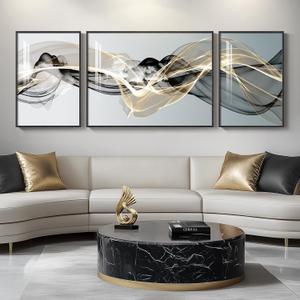 Extra Large Framed Modern Luxury Abstract Wall Art for Living Room, Set of 3 Minimalist Black White Gold Abstract Paintings Artwork for Walls, Big Art Prints Pictures for Hallway Dining Room Office Wall Decor, 30" H x 80" W