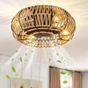 Caged Ceiling Fans with Lights and Remote, 20inch Woven Bladeless ceiling fan, Low Profile Flush Mount Enclosed Boho Ceiling Fan with Light for Living Room, Bedroom, Dinning Room, Brown