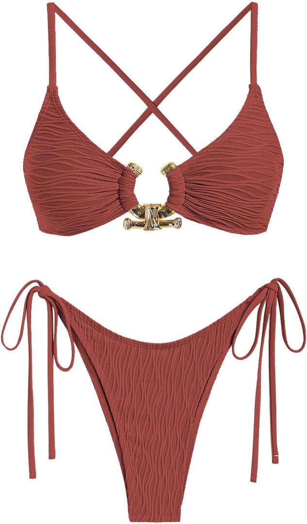 ZAFUL Women's Bikini Sets Ribbed Metal O Ring Criss Cross Two Piece Swimsuit Cheeky High Cut Side Tie Thong Bathing Suit (Medium)