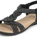 VJH confort Women's Flat Sandals Rhinestone Stretchy Strap Low Wedge Comfy Dressy Walking Sandals, 12