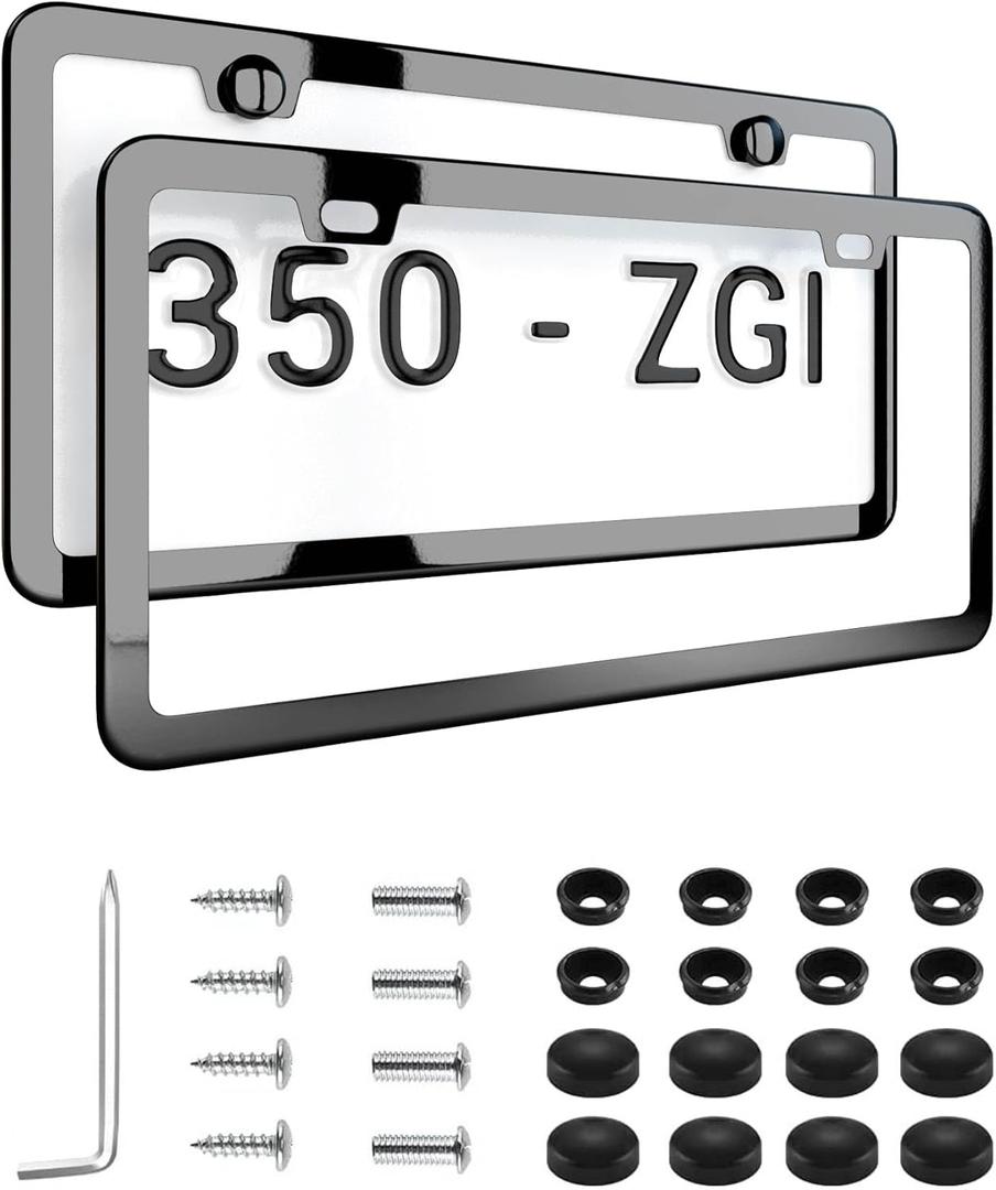 Mirror Black License Plate Frame - Titanium/Gunmetal Stainless Steel, 2-Hole Sleek Style, Premium Metal Durability, Easy Install, 2-Pack Gift Box - Polished Gloss Finish