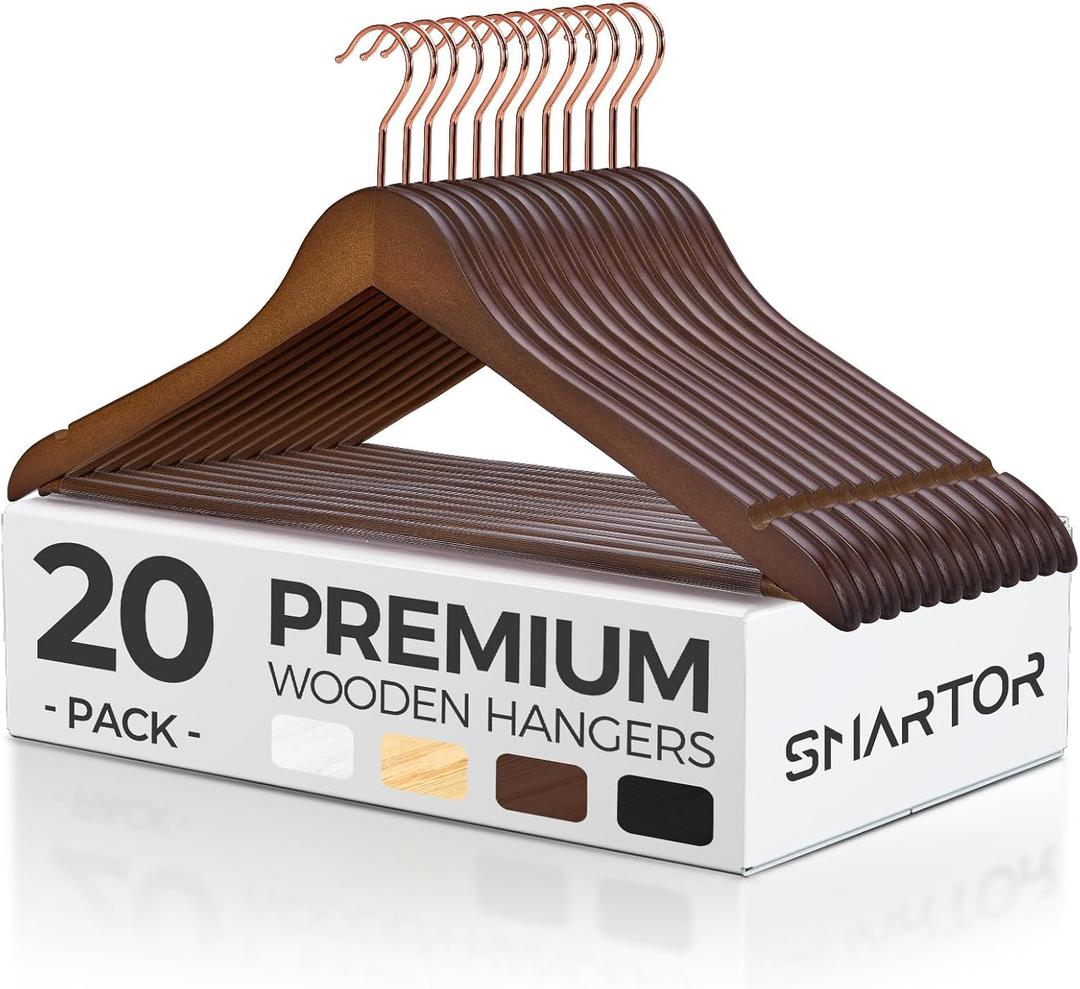 Smartor Wooden Hangers 20 Pack, Solid Wood Coat Hanger for Closet, Heavy Duty Wood Hangers for Suits, Shirts, Dresses, with 360 Rose Gold Hook, Non Slip Pant Bar, Walnut