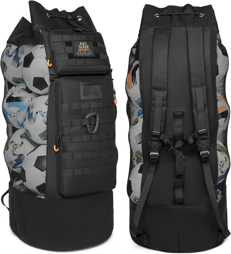 Soccer Ball Bags for Coches XL Heavy Duty Mesh Sport Ball Backpack for Basketball Volleyball Football & Equipment (Black)