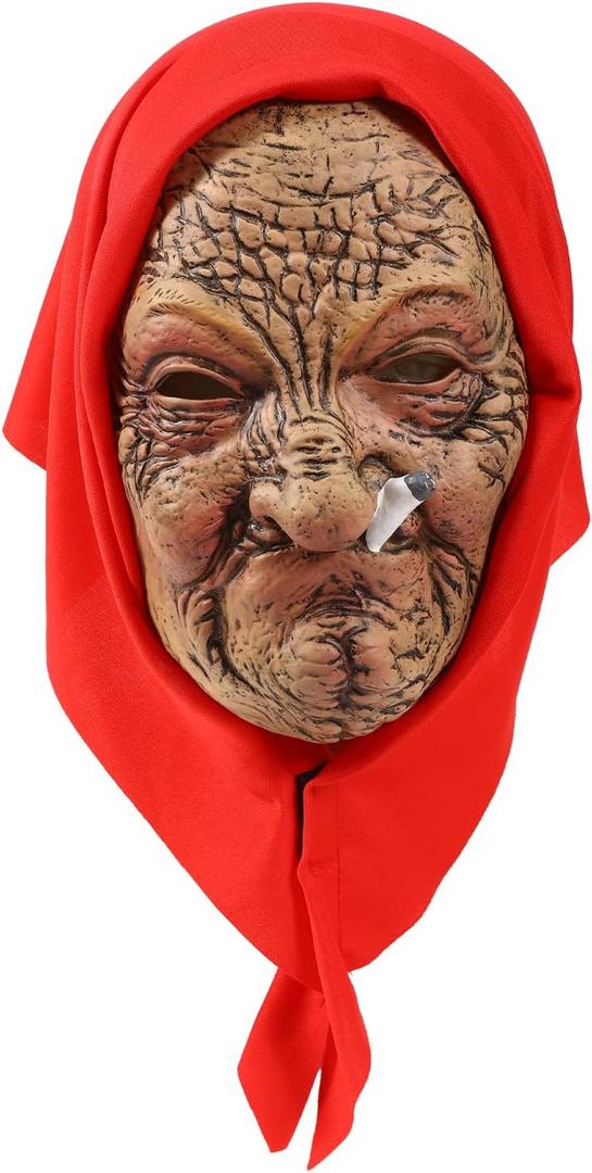 Halloween Old Lady Mask Scary Realistic Old Women Costume Horror Smoking Granny with Red Hood Grandma Latex Headgear for Adults Party Funny Cosplay