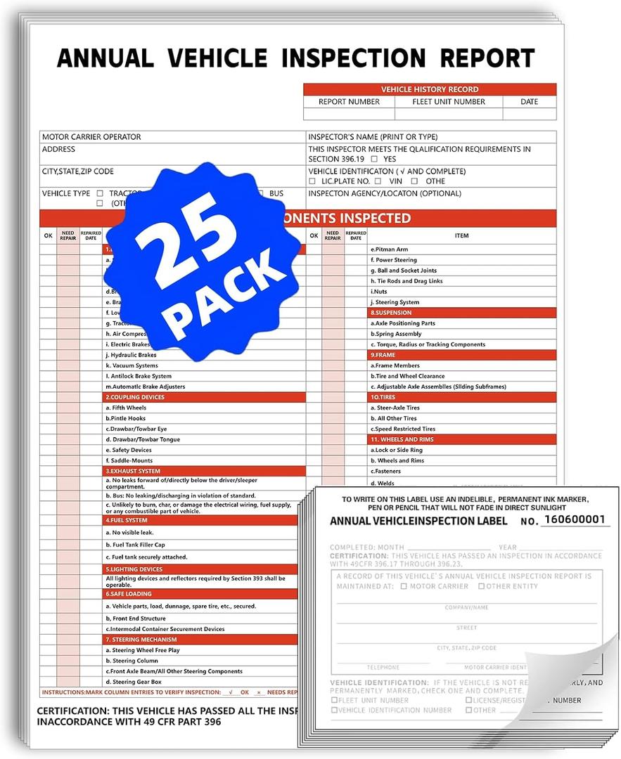 Annual Vehicle Inspection Report Form and Label, 25-Pack 3-Layer Vehicle Inspection Forms, 2-Ply Annual Adhesive Vinyl Label