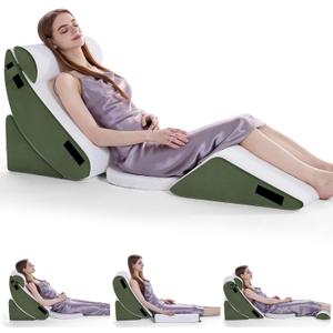 Negwoo Wedge Pillow Set for After Surgery, 5 PCS Bed Wedge Pillow for Sleeping with Seat, Memory Foam Orthopedic Back Pillow for Pain Relief and Acid Reflux, Adjustable Post Surgery Pillow Green