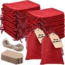 Woanger 100 Pcs Burlap Gift Bags with 100 Pcs Kraft Paper Gift Tags Drawstring Favor Bulk Burlap Sack Bags for DIY Wedding Party Craft (3 x 4 Inch,Burgundy)