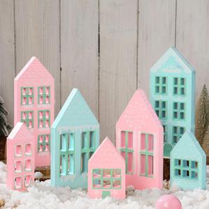 7 Pcs Christmas Village Houses Wooden Christmas Village Set Gingerbread House Decor Wood Ginger Bread Decor Winter Desk Shelf Ornament for Home Office Coffee Bar Tabletop(Pastel Colors)