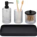 Bathroom Accessory Set, 4 Pcs Clear Glass Bathroom Accessories Set-Lotion Soap Dispenser, Toothbrush Holder, Qtip Holder Dispenser & Resin Vanity Tray, Countertop Vanity Organizer, Crystal Clear