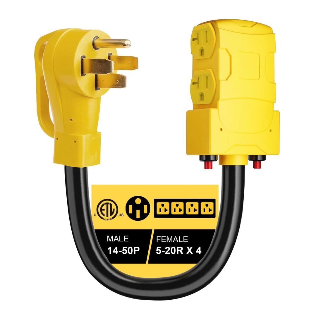 50 Amp to 20 Amp 110V RV Distribution Adapter, 240V to 120V, NEMA 14-50P to 4 X 5-20R/15R RV Generator Adapter, 4-Prong Plug to Mutiple Household Outlet w/ 24amp Circuit Breaker