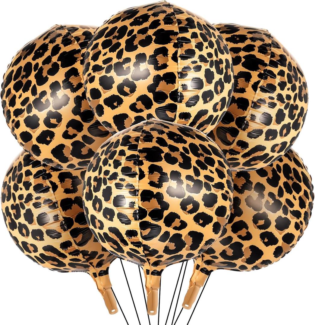 BBTO 6 Pcs Leopard & Cheetah Print Foil Balloons 22 Inch 4D Large Metallic Round Leopard Balloons Cheetah Print Decoration for Birthday Party Camo Animal Jungle Adventure Baby Shower Wedding