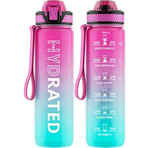 QLUR Water Bottle with Straw, 32oz Motivational Water Bottles with Time Marker to Drink, Tritan BPA Free, 1L Sports Water Bottle with Carry Strap LeakProof for Women Gym Fitness Outdoor (1 Pack) (Purple Green)
