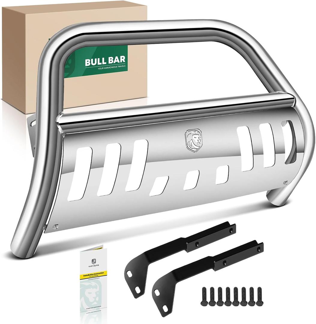 YHTAUTO 2.5" Bull Bar Push Bar with Skid Plate Light Mount Fit Dodge & Jeep Models, Grand Cherokee 11-21, Grand Cherokee WK 22, Durango 11-13, S/S 304 Brush Guard for Truck Front Bumper