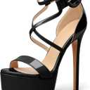 Eldof Women's Platform Sandals Ankle Strap 5.9" High Heels Cross Strap Stilettos Open Toe Ankle Strap Crisscross Sandals Black, US 9