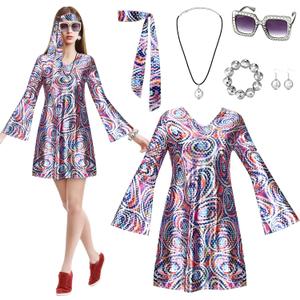 Jiuguva 6 Pcs 70s Disco Outfit for Women 70s Disco Dress Costume Hippie Clothes Accessories Jewelry for Halloween Party, L