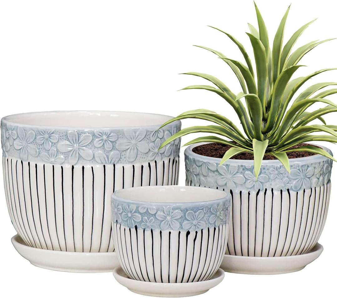 Ton Sin Grey Flower Pots, Texture Planter for Indoor Plants Set of 3 Ceramic Flower Pots with Saucer, Cute Garden Pots Succulent Pots, 6.75/5.6/4.2 Inch, Indoor Outdoor Home Garden Decor