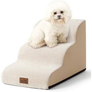 COZY KISS Dog Stairs for Small Dogs 15.7" H, Curved Dog Step for Puppy, Older Cat, Medium Pet Ramp for Sofa, Couch or Chair, Ladder with High Density Foam, 3 Step, 15.7x22.4x15.7 inch, Beige