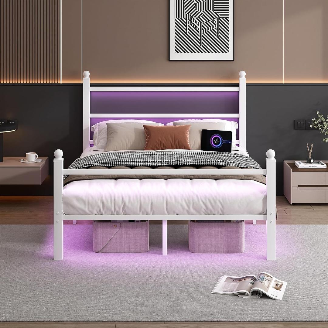 CLIBFENG Full Size Bed Frame with Headboard and Footboard,Steel Slats Support-LED Bed Frame with USB Charging Station,Mattress Foundation-Under Bed Storage,No Box Spring Needed,Noise Free,White
