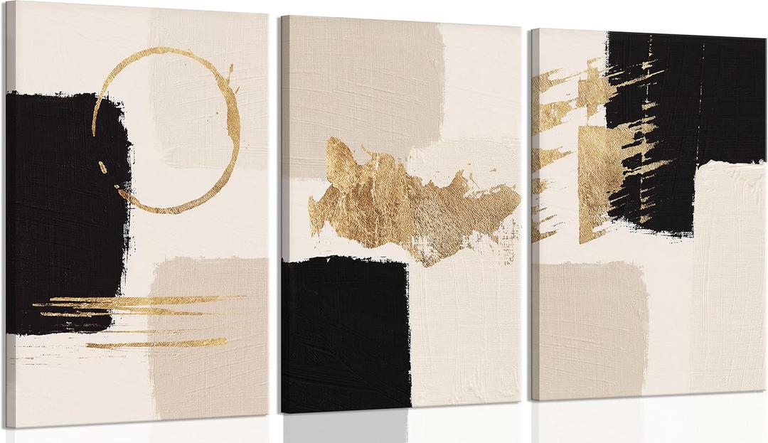 3pcs Framed Black Gold Abstract Wall Art Bohemian Simple Geometric Canvas Poster Print Modern Beige Picture Painting Wall Decor for Living Room Bedroom Office Decoration
