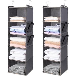 BOOMIBOO Hanging Closet Organize and Shelves5-Hanging Shelf with 2 Side PocketsStorage Foldable 2 Pack Grey