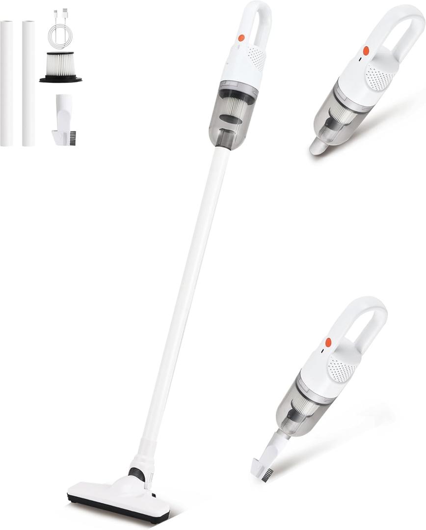 6-in-1 Lightweight Stick Vacuum Cleaner with 100W Powerful Motor, Mini Portable Household Handheld Vacuum Cleaner for Domestic Hard Floors, Carpets and Pet Hair (White Cordless Without Plug)