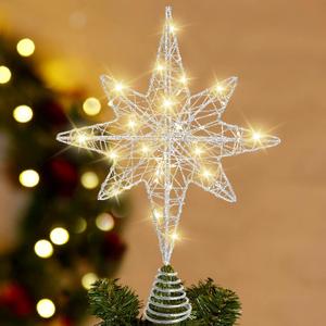 DULEFUN Christmas Tree Topper 13.5 Silvery Star Tree Toppers with 20 LED Lights for Christmas Tree Decorations, Xmas Tree Top Ornament for New Year Holiday Home Office Indoor