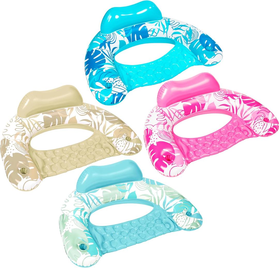 SLOOSH Inflatable Pool Floats Adult, 3 Pack Pool Chairs with Cup Holders,Blow up Floats Chair,Hammock Noodle Mat Leaves Design for Summer Water Fun Swimming Party Beach,Blue, Cyan, Pink, Champagne